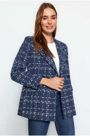 Navy Tweed Regular Woven Plaid Blazer Jacket product thumbnail 2