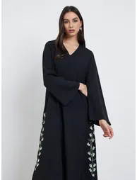 Black Floral Embroidery Jalabiya with Slit Hem - 2