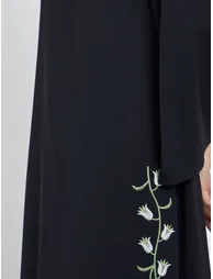 Black Floral Embroidery Jalabiya with Slit Hem - 3