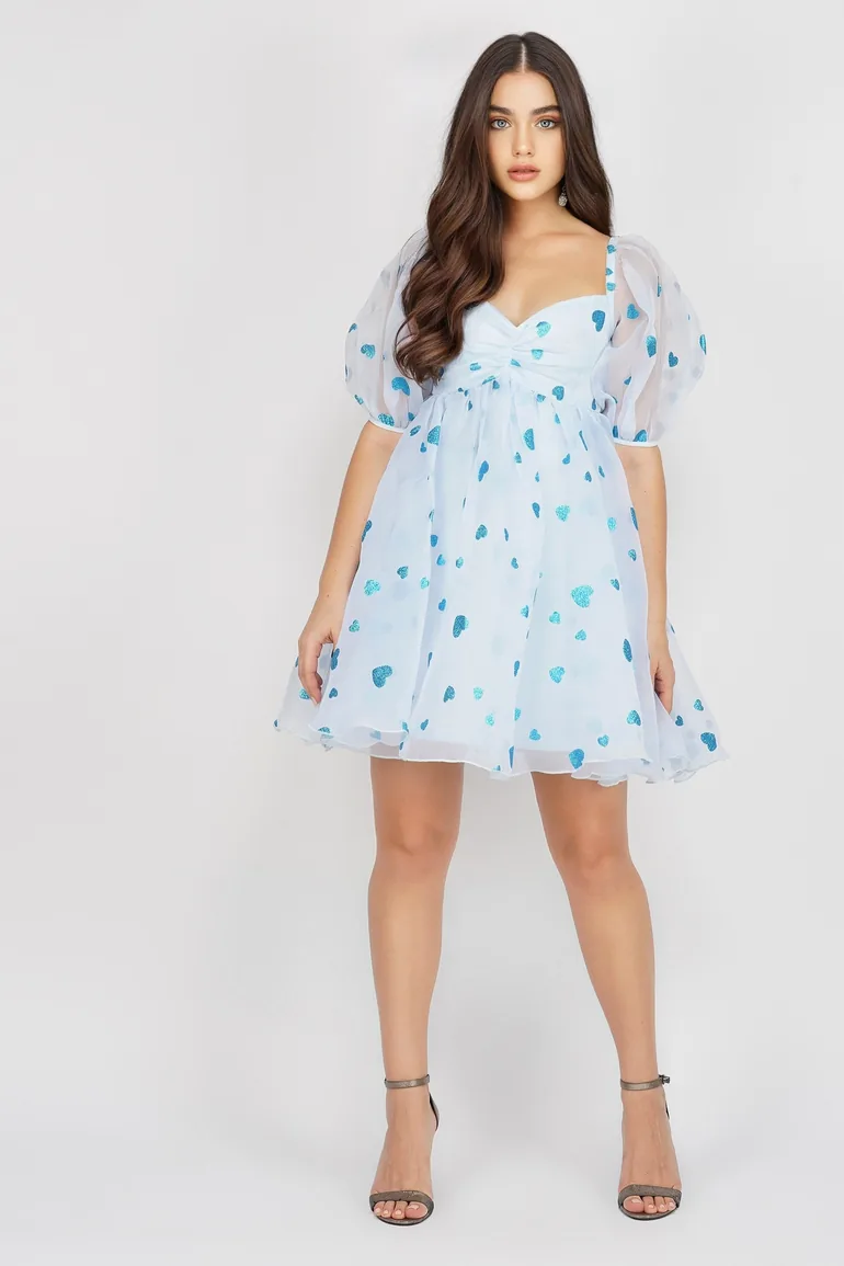 Melanie Puff Sleeve Dress in Blue Heart - 4