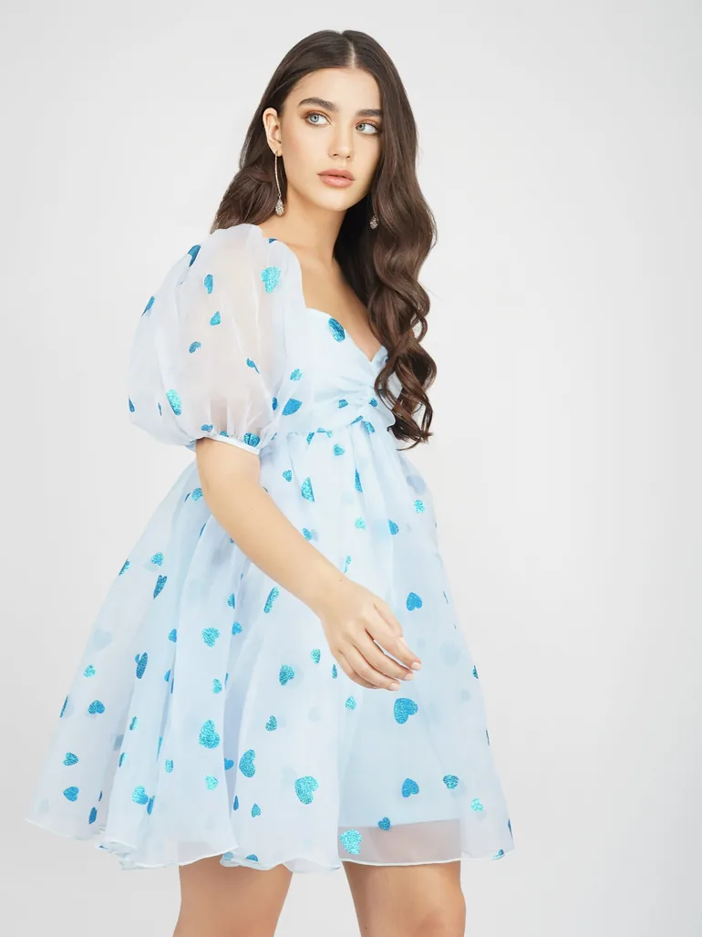 Melanie Puff Sleeve Dress in Blue Heart - 1