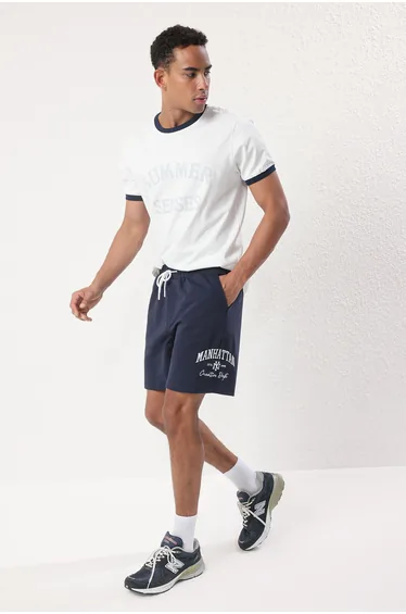 Navy Blue Regular Cut Manhattan Embroidered Shorts & Bermudas
