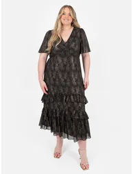 Lovedrobe Gold Foil Detail Angel Sleeve Ruffled Midaxi Dress