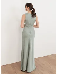 Maya Sage Green Sleeveless V Neck Satin Maxi Dress - 1
