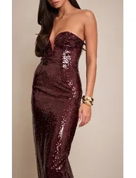 Wine Sequin Wire Cup Detail Maxi Dress - 3