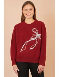 Yumi Burgundy Sequin Bow Relaxed Jumper - 1