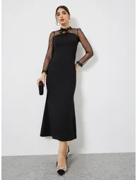 Black Mesh Sleeve Mermaid Hem Dress