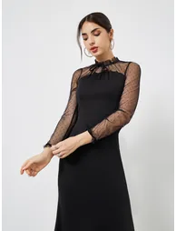 Black Mesh Sleeve Mermaid Hem Dress - 2