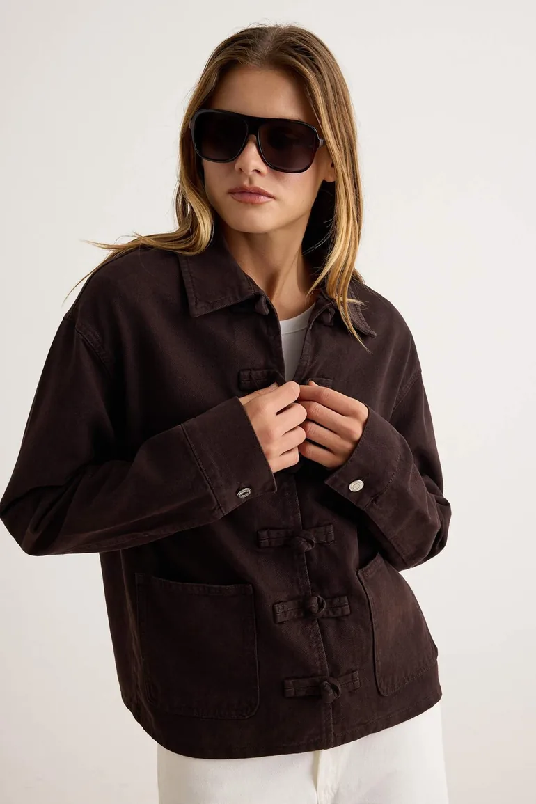 Brown Chinese Button Regular Denim Shirt