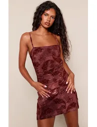 Wine Devore Straight Neck Shift Dress - 1