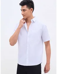 Men White Striped Short Sleeve Relaxed Fit Shirt with Pocket - 2