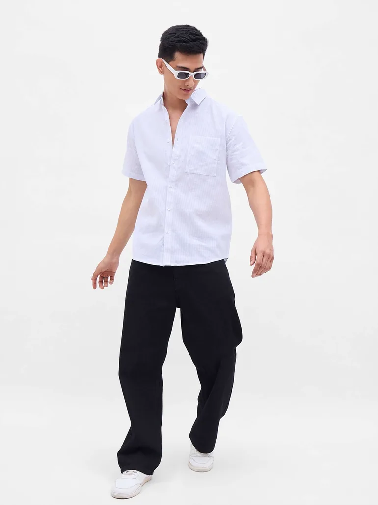 Men White Striped Short Sleeve Relaxed Fit Shirt with Pocket