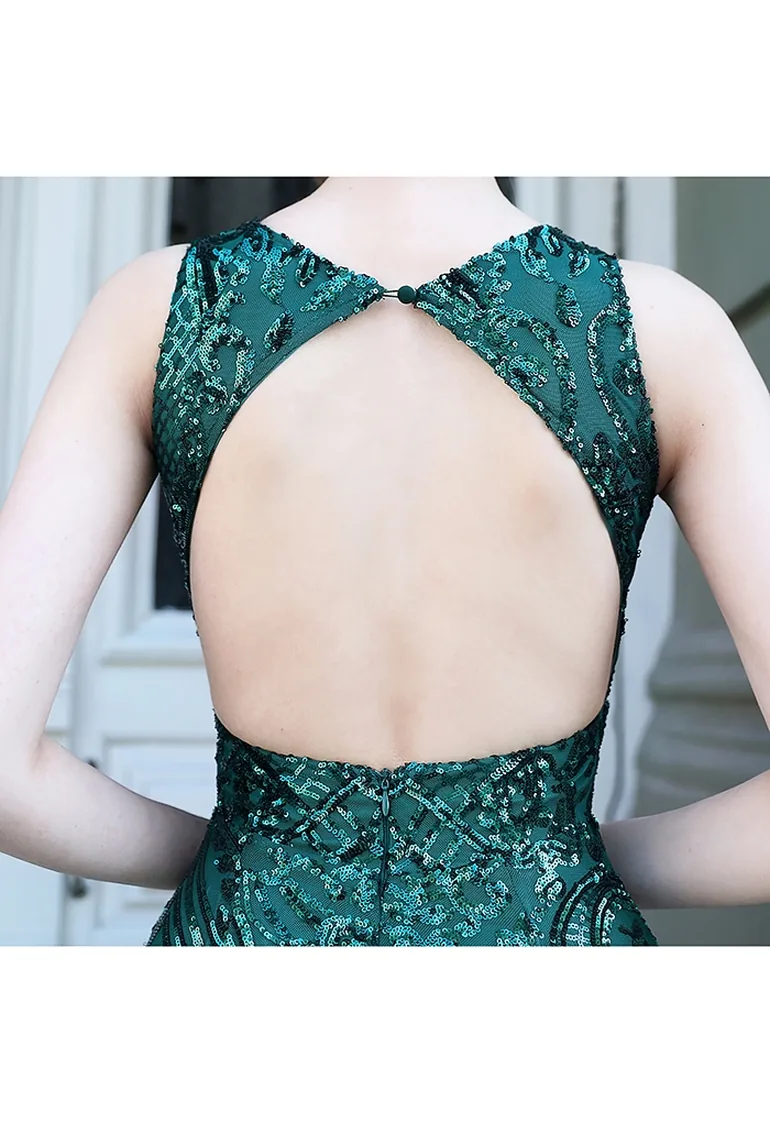 Open Back Flower Lattice Sequined Gown in Emerald - 6