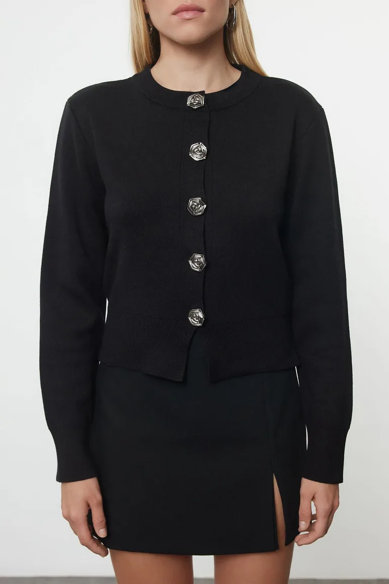 Black Rose Button Detailed Knitwear Cardigan - 4