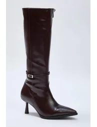 Brown Pointed Toe Stiletto Heel Boots with Buckle Detail and - 3