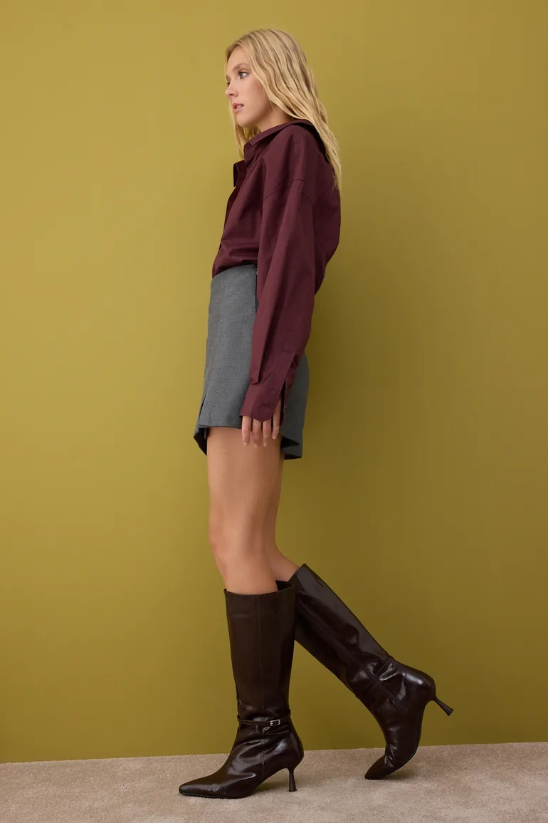 Brown Pointed Toe Stiletto Heel Boots with Buckle Detail and