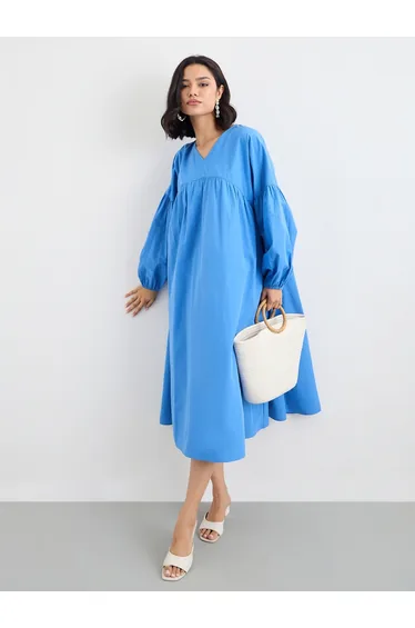 Blue Cotton Poplin Midi Dress with Volume Sleeves
