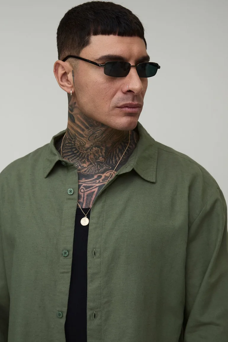Tall Oversized Long Sleeve Linen Blend Shirt - olive - 2