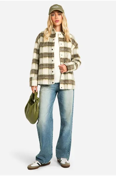 Check Wool Look Shacket - grey