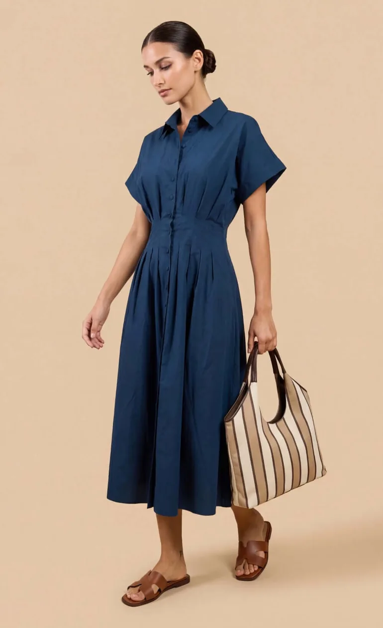 Blue Cotton Linen Button-Down Midi Dress