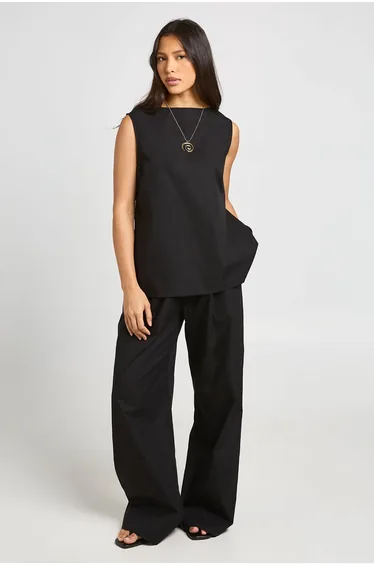 Poplin Sleeveless Blouse & Wide Leg Trouser Co-ord - black