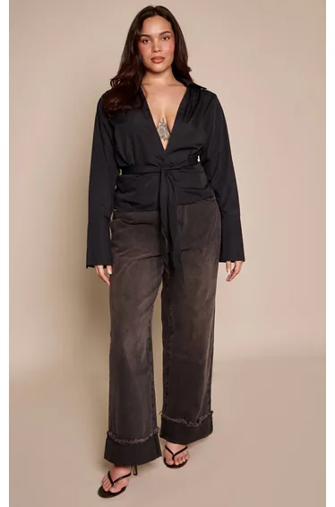 Plus Plus Washed Black Turn Up Wide Leg Jeans
