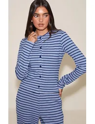 Navy Soft Fleece Pinstripe Button Up Top - 1