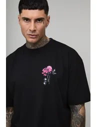 Tall Oversized Rose Print Official T-Shirt - black