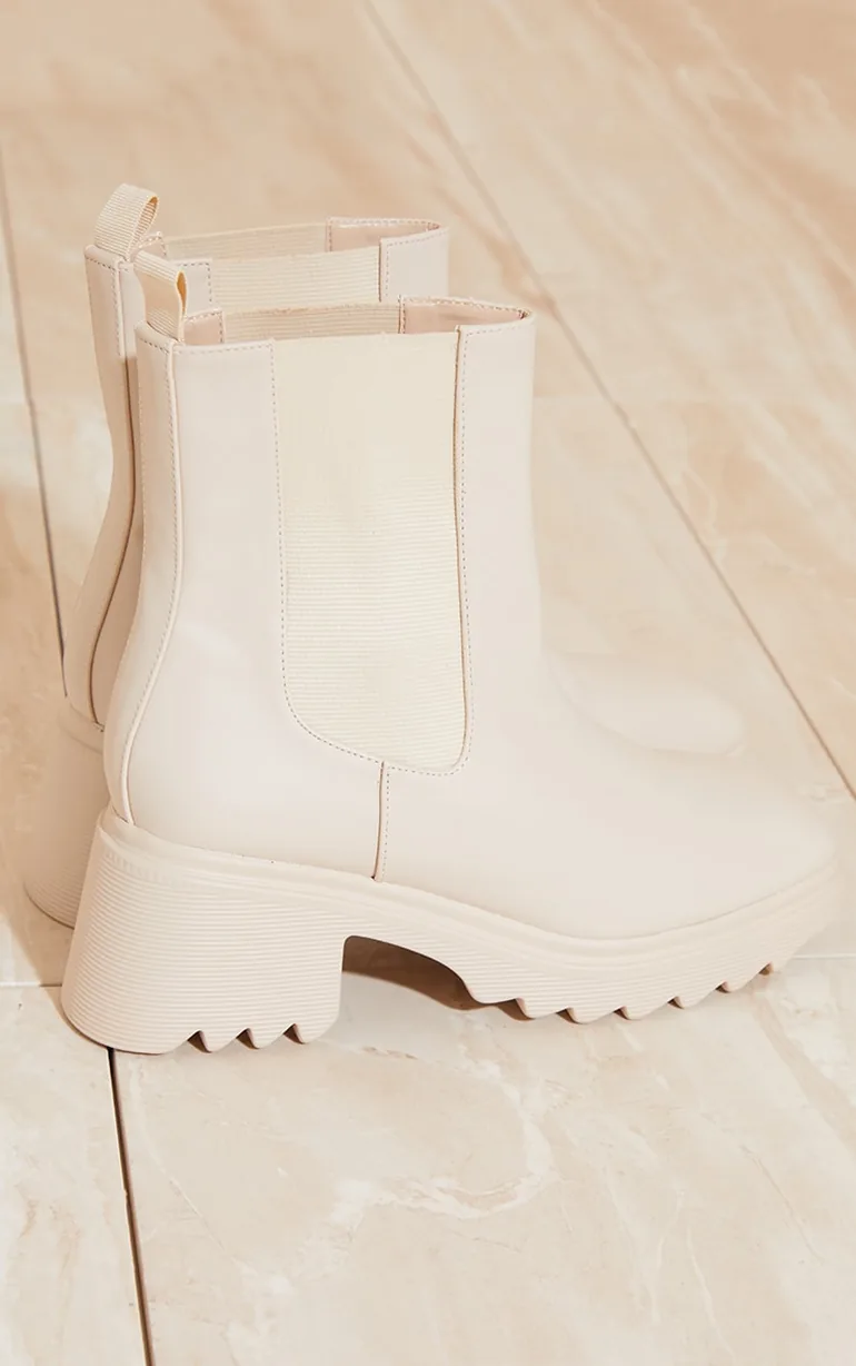 Cream Matte PU Chelsea Heeled Ankle Boots - 2