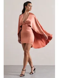 Olsen | Coral Satin Plunge-Neck Cape Mini Dress - 4