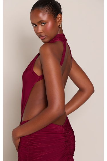 Burgundy Slinky High Neck Drape Detail Backless Maxi Dress product thumbnail 4