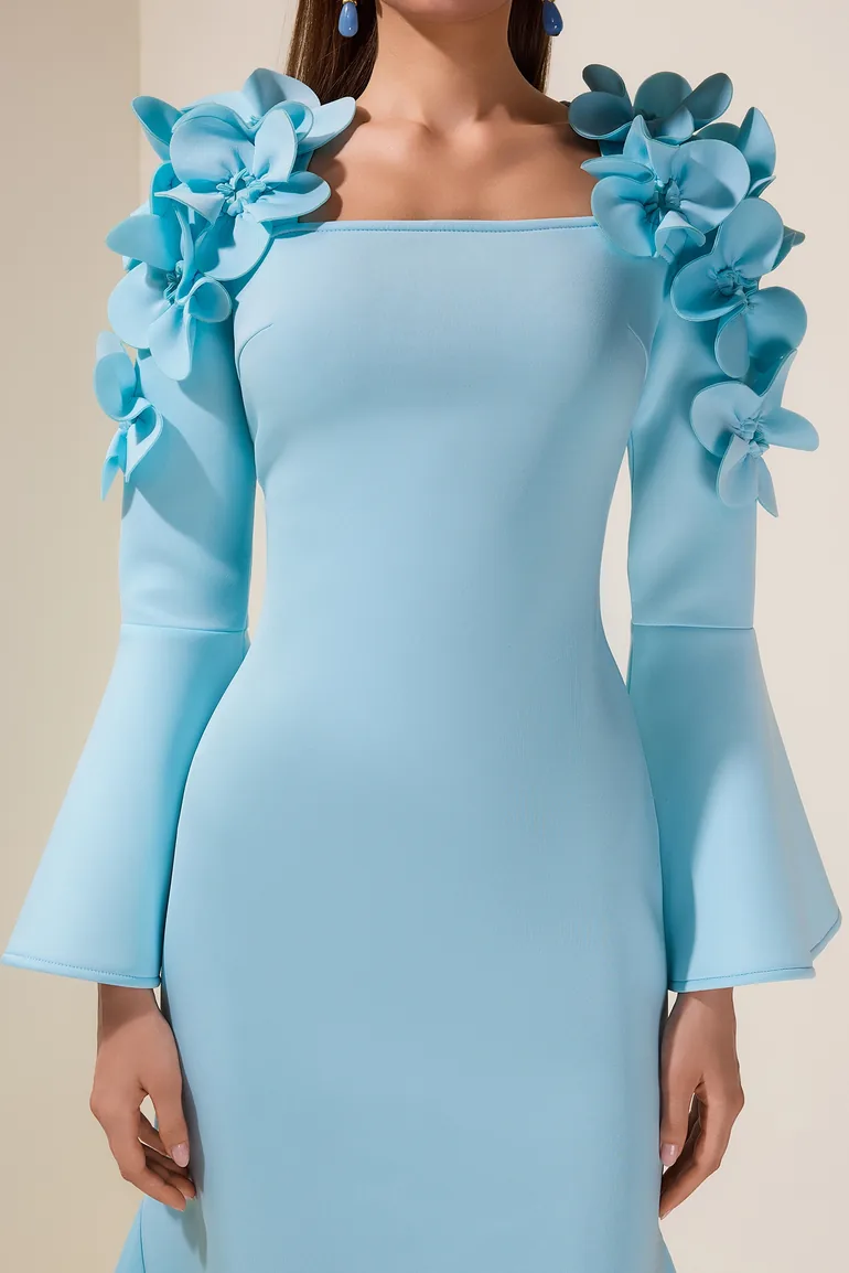 3D Flower Square Collar Bell Sleeve Maxi Dress - 7