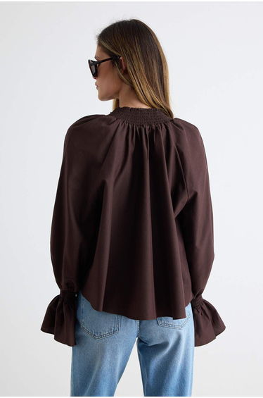 Brown Gipe Detailed Boho Wide Fit Woven Blouse product thumbnail 4