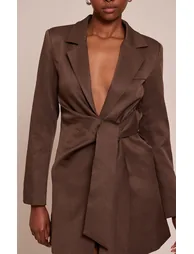 Chocolate Woven Blazer Side Tie Mini Dress - 3