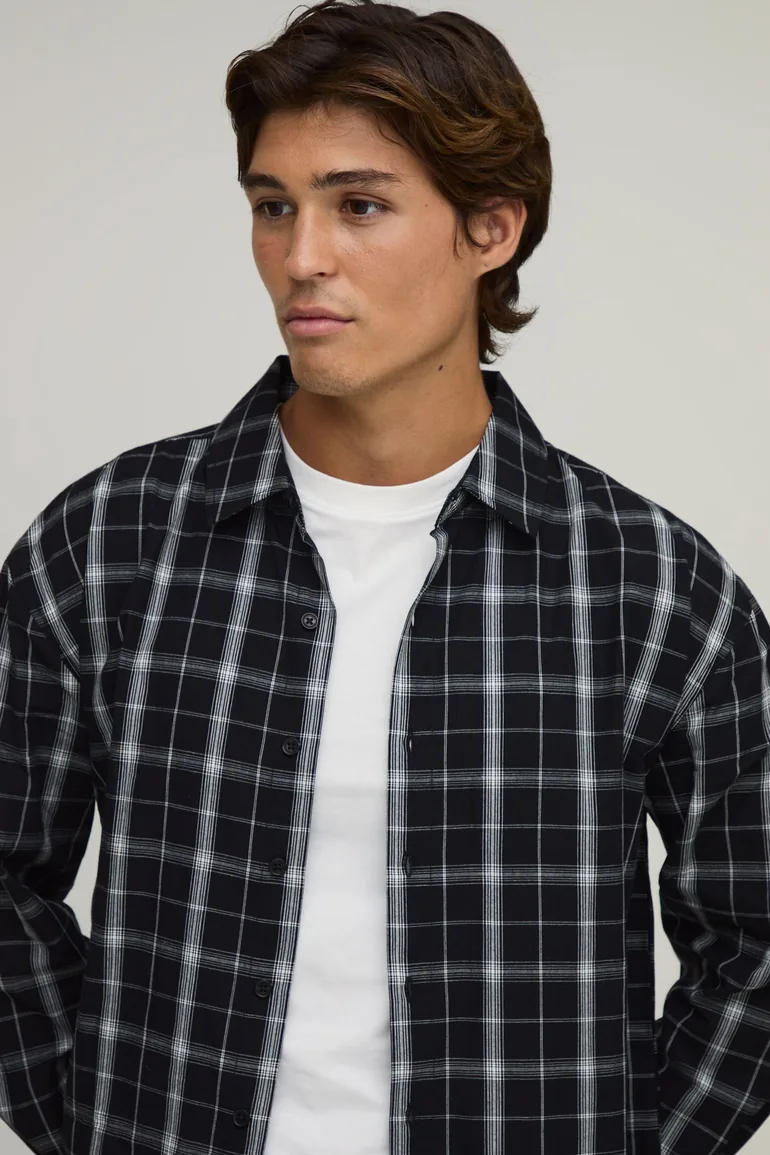Oversized Boxy Long Sleeve Check Shirt - black - 2