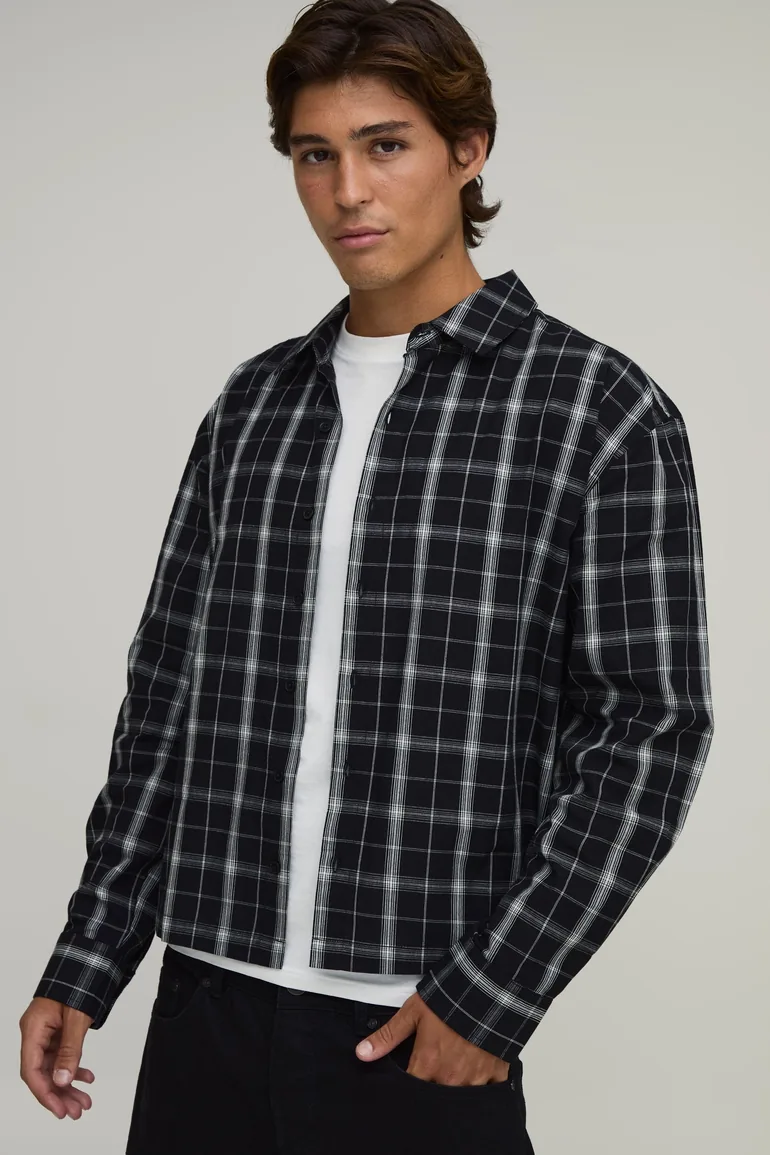 Oversized Boxy Long Sleeve Check Shirt - black