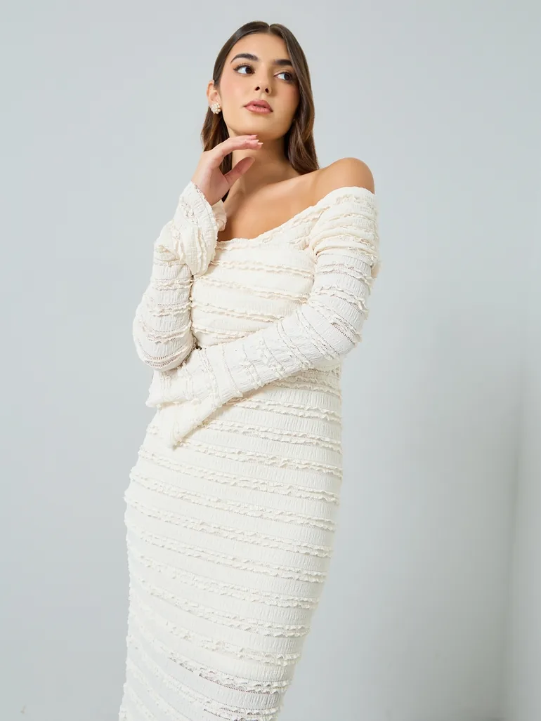 Solid Ruffle Trim Off Shoulder Neck Sheath Midi Dress - 1