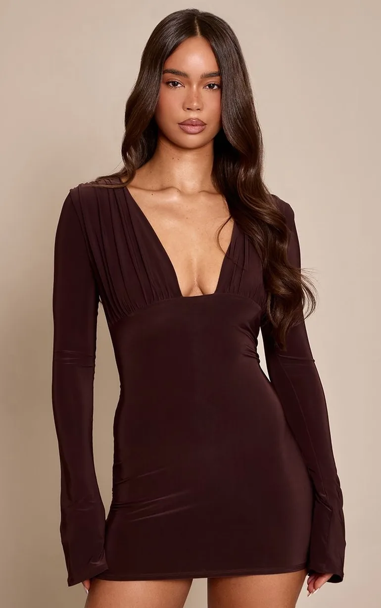 Chocolate Slinky V Neck Long Sleeve Mini Dress - 5