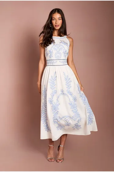 Embroidered Halter Neck Midi Dress