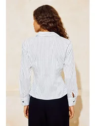 White Striped Button Detailed Fitted Shirt - 2