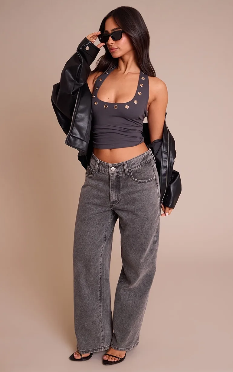 Petite Charcoal Halterneck Eyelet Detail Long Top