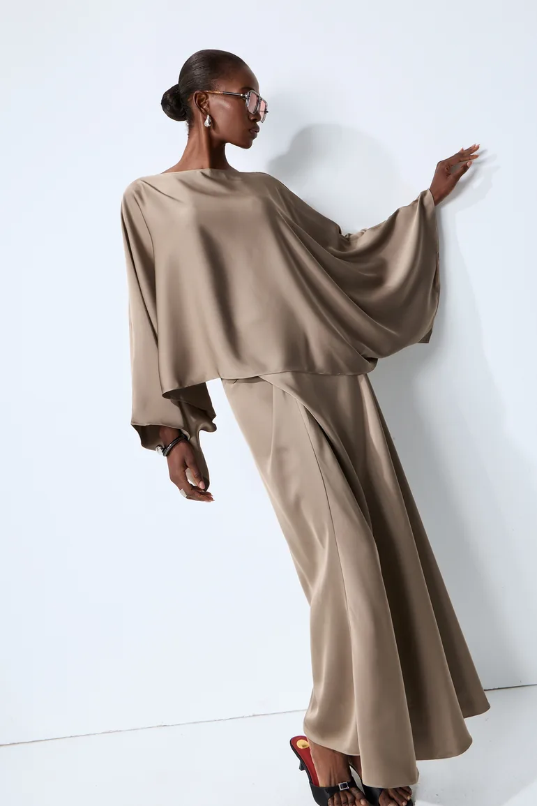 Effortless Poise Khaki Cape Sleeve Top & Maxi Dress Set - 3