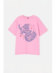Pink Cat Printed Oversize Fit Plus Size T-Shirt - 1