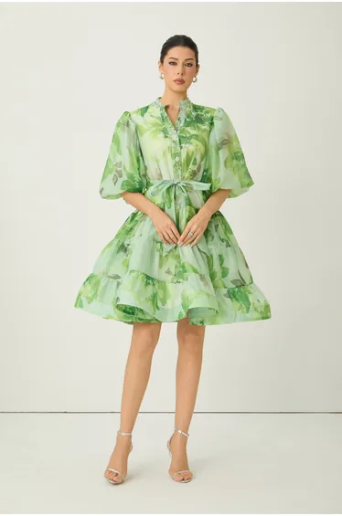 Vibrant Poise Green Floral Print Puff Sleeve Mini Dress