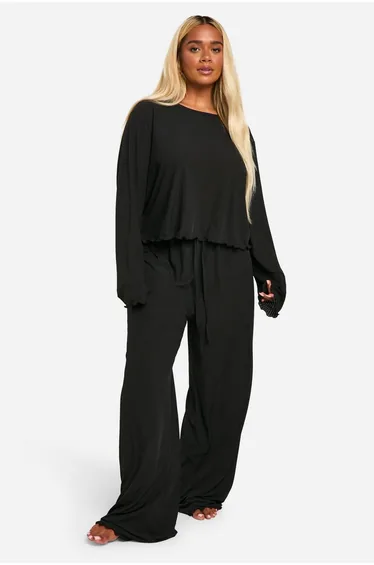 Plus Textured Lettuce Hem Trouser Pyjama Set - black