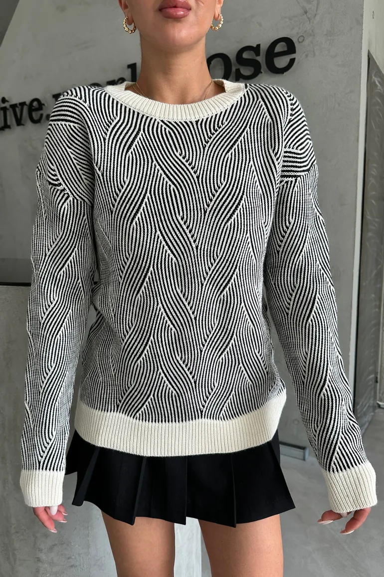 Women's Black and White Striped Soft Yarn Sweater - 1