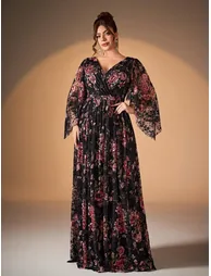 Leely Plus Women's Elegant V Neck Flounce Sleeve Chiffon Party Dress