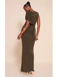 Khaki Double Layer Slinky Off Shoulder Drape Bodycon Maxi Dress - 1