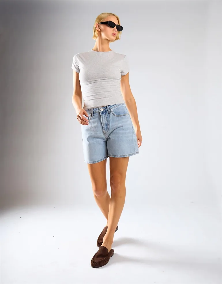 Mid Waist Loose Fit Denim Shorts - Mid Blue