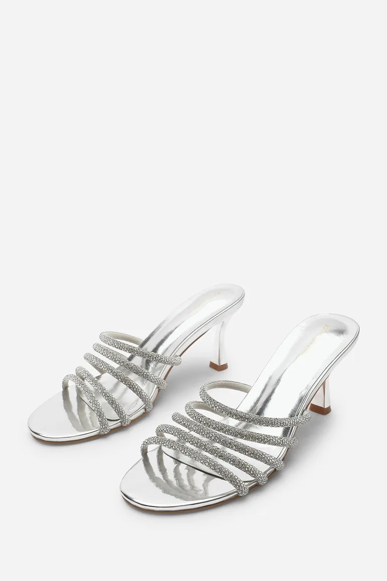 Saskia Diamante Strappy Low Heeled Mules In Black Patent - 3